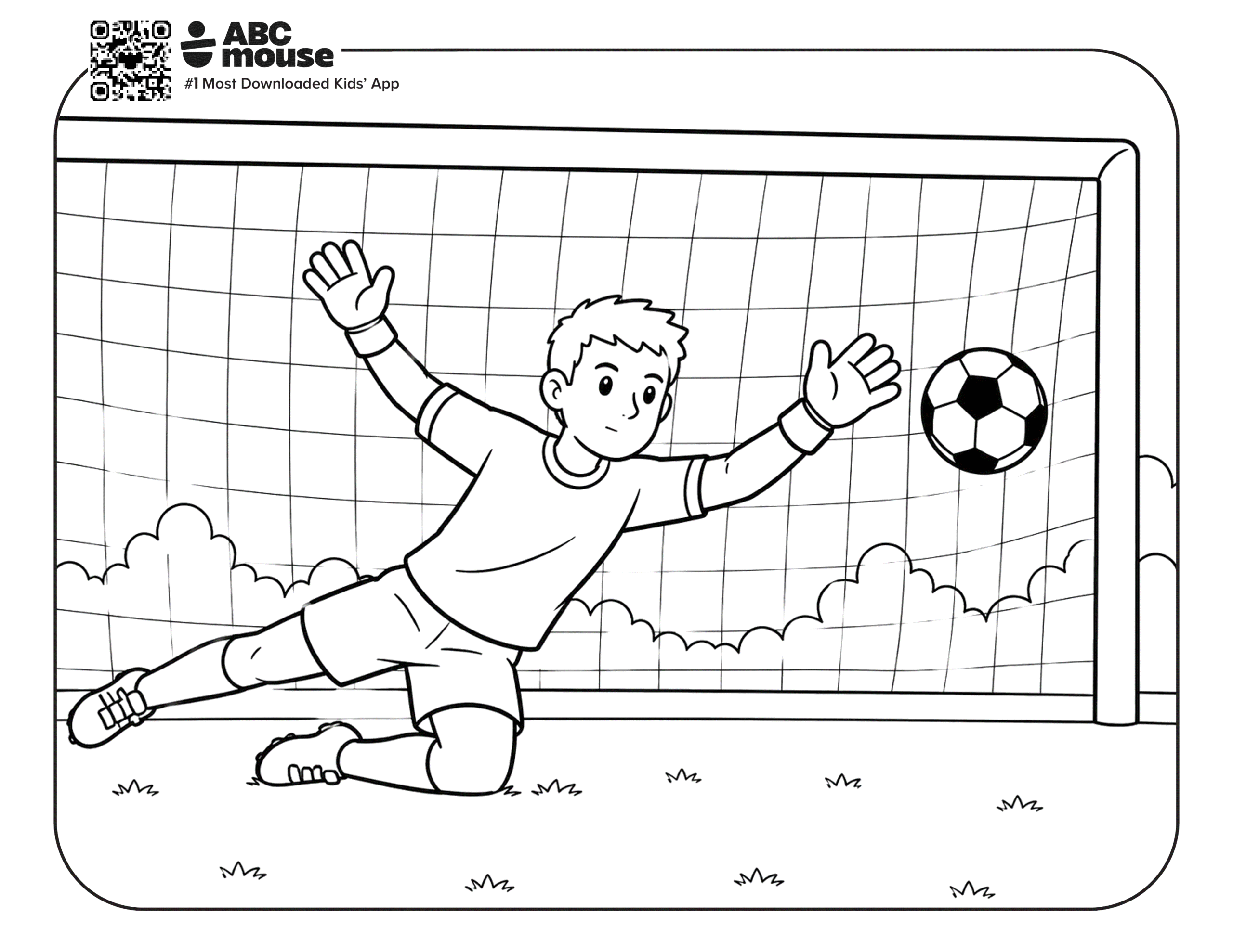 Soccer Goalie Blocking Ball – Free printable coloring page for kids from ABCmouse featuring a goalkeeper diving to block a soccer ball in front of the goal.