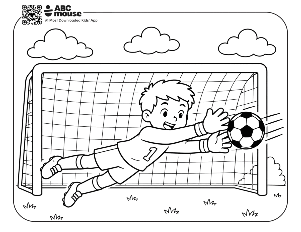 Boy Blocking a Soccer Ball – Free printable coloring page for kids from ABCmouse featuring a goalkeeper diving to block a soccer ball.