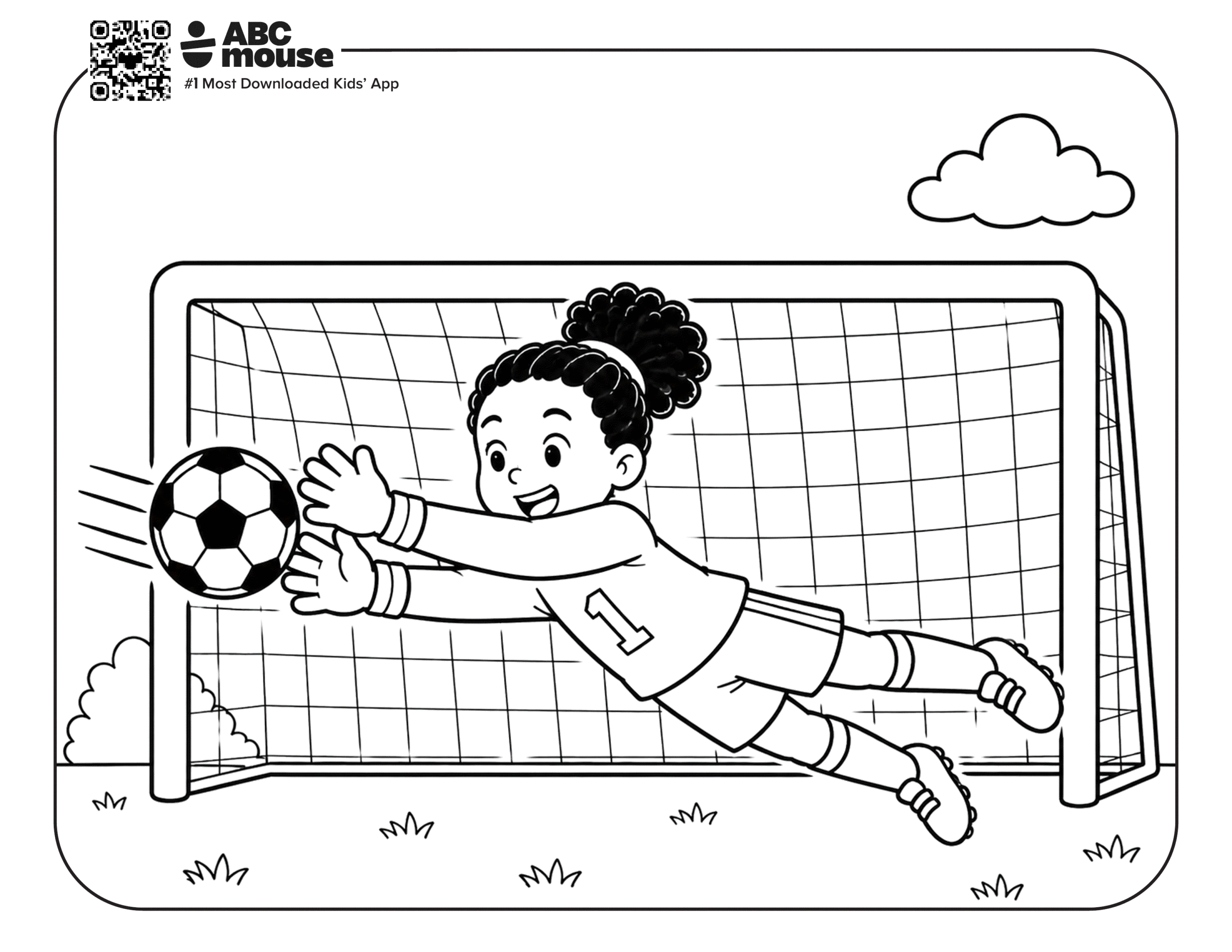 Girl Blocking a Soccer Ball – Free printable coloring page for kids from ABCmouse featuring a girl goalkeeper making a diving save in front of the goal.