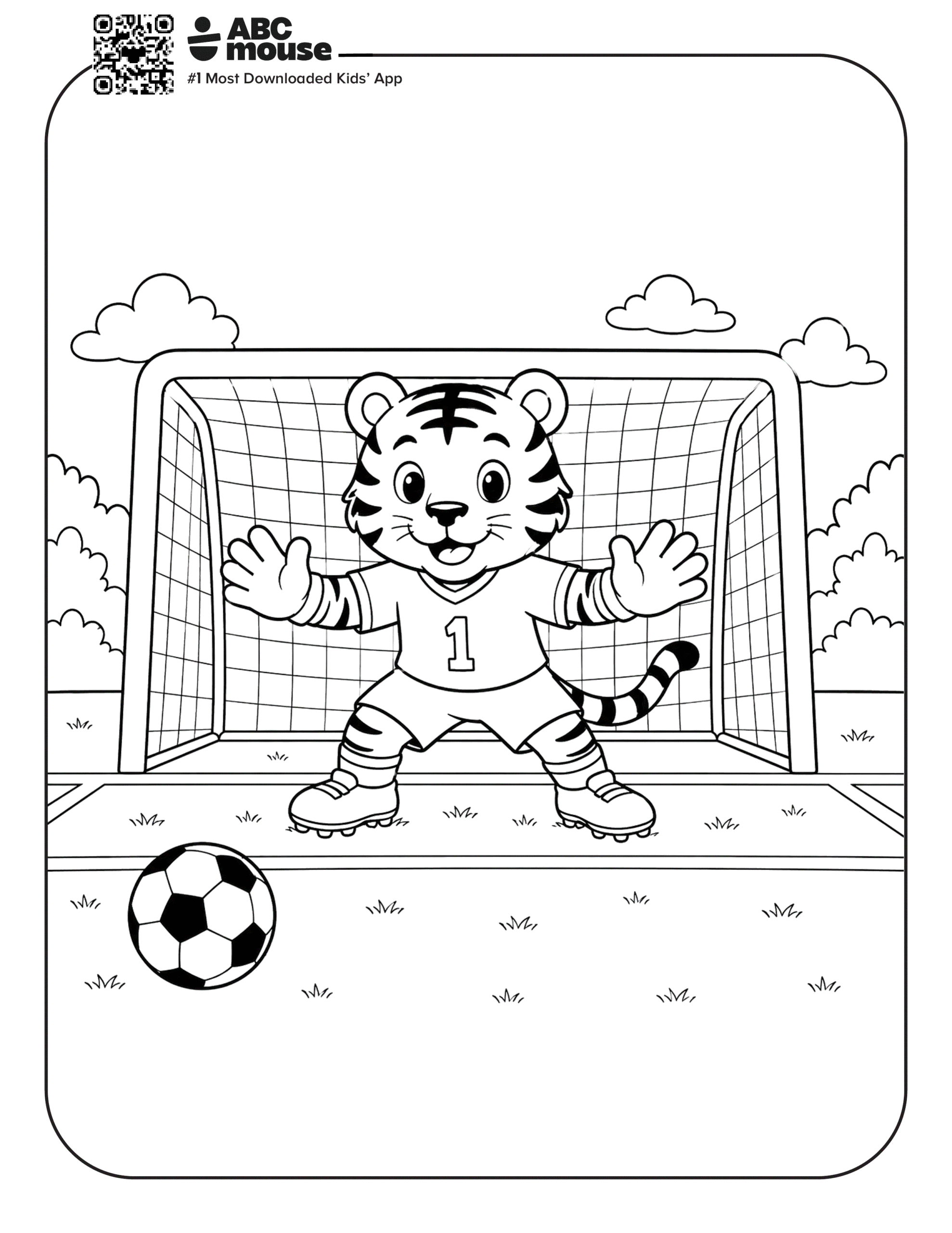 Tiger Goalkeeper Blocking Soccer Ball – Free printable coloring page for kids from ABCmouse featuring a tiger goalkeeper making a save in front of the soccer goal.