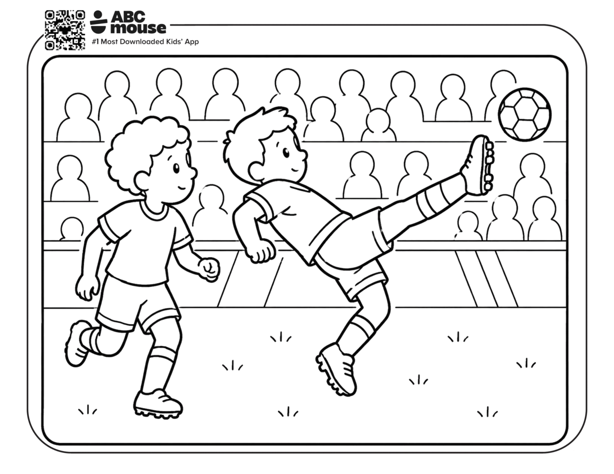 Boys Playing Soccer in Front of a Crowd – Free printable coloring page for kids from ABCmouse featuring two boys competing for the soccer ball during a match.