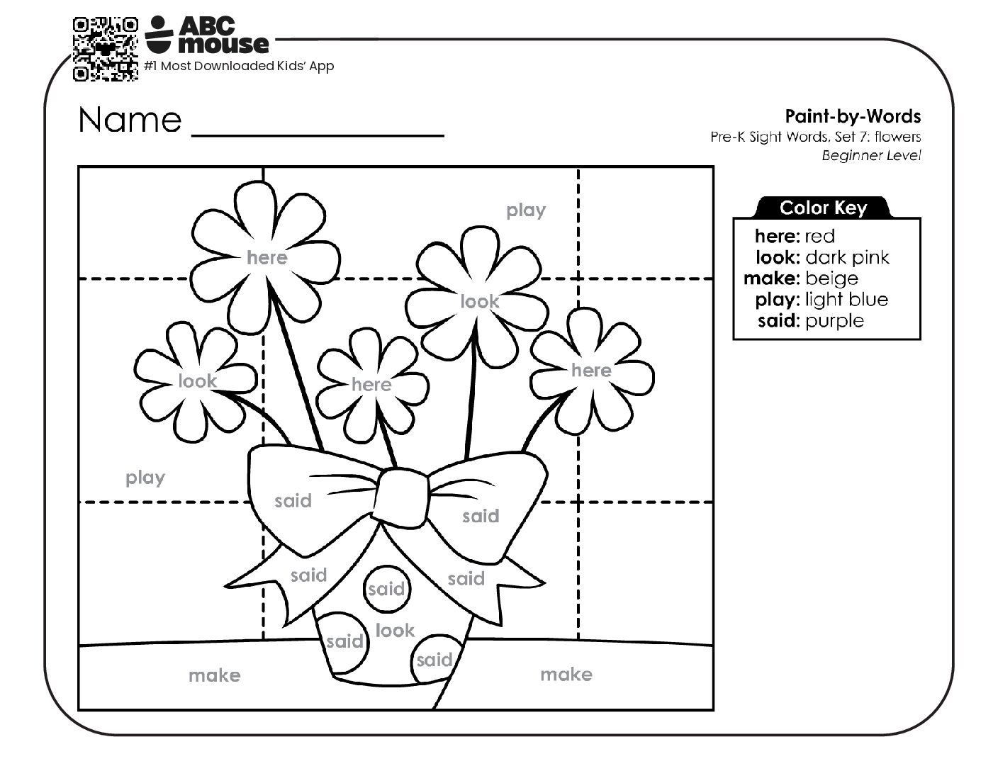 Springtime Abc Mouse Sight Word Color-by-Word Flowers Coloring Page for a Pre-K Spring Theme ...