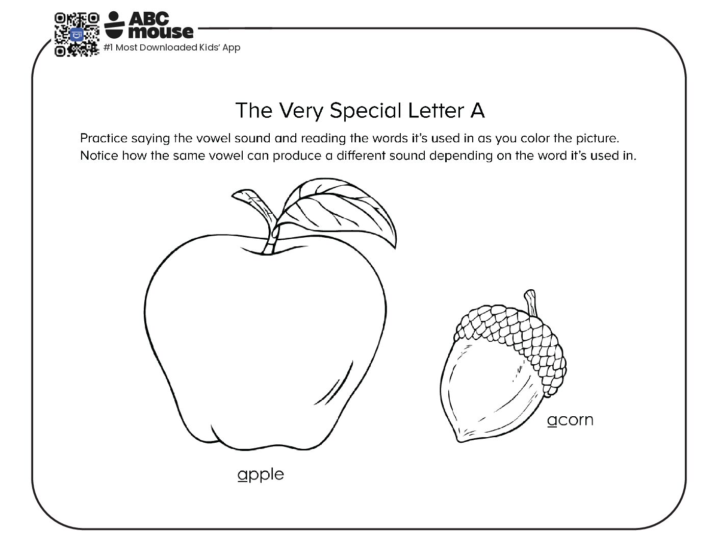 Worksheet image for learning the letter A: a large outline apple on the left and an acorn on the right, with the labels 'apple' and 'acorn' underneath them and instructional text about vowel sounds at the top.