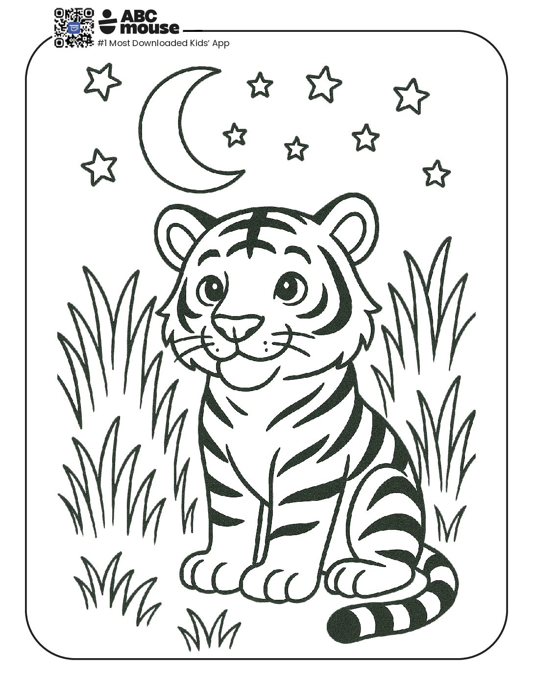 Tiger Coloring Page with a Moon and Stars Background | ABCmouse