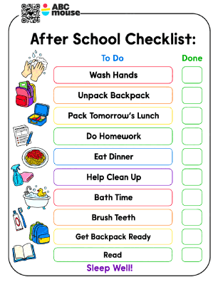 Colorful 'After School Checklist' poster with tasks (Wash Hands, Unpack Backpack, Pack Tomorrow's Lunch, Do Homework, Eat Dinner, Help Clean Up, Bath Time, Brush Teeth, Get Backpack Ready, Read, Sleep Well!) and green checkboxes; left shows school icons (backpack, books, lunch, toothbrush).