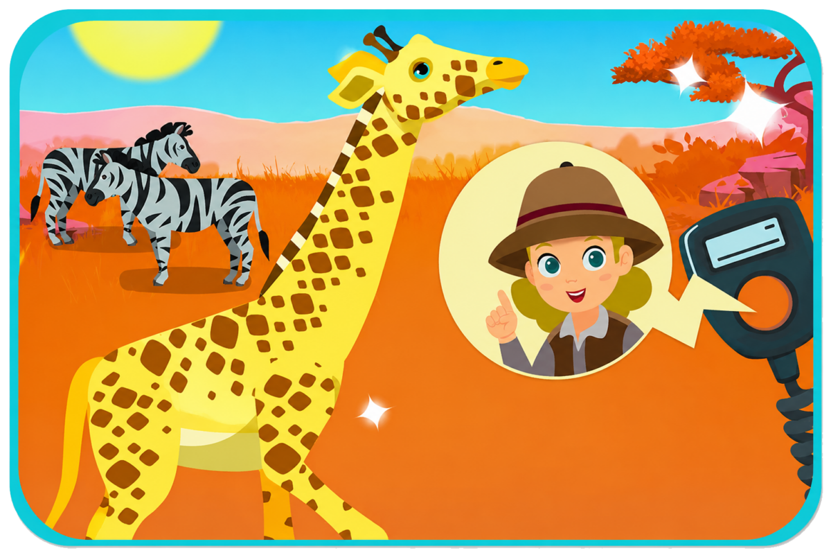 Playful safari illustration with a tall giraffe in the foreground, zebras in the background, and a smiling explorer inside a speech bubble in a sunny landscape.