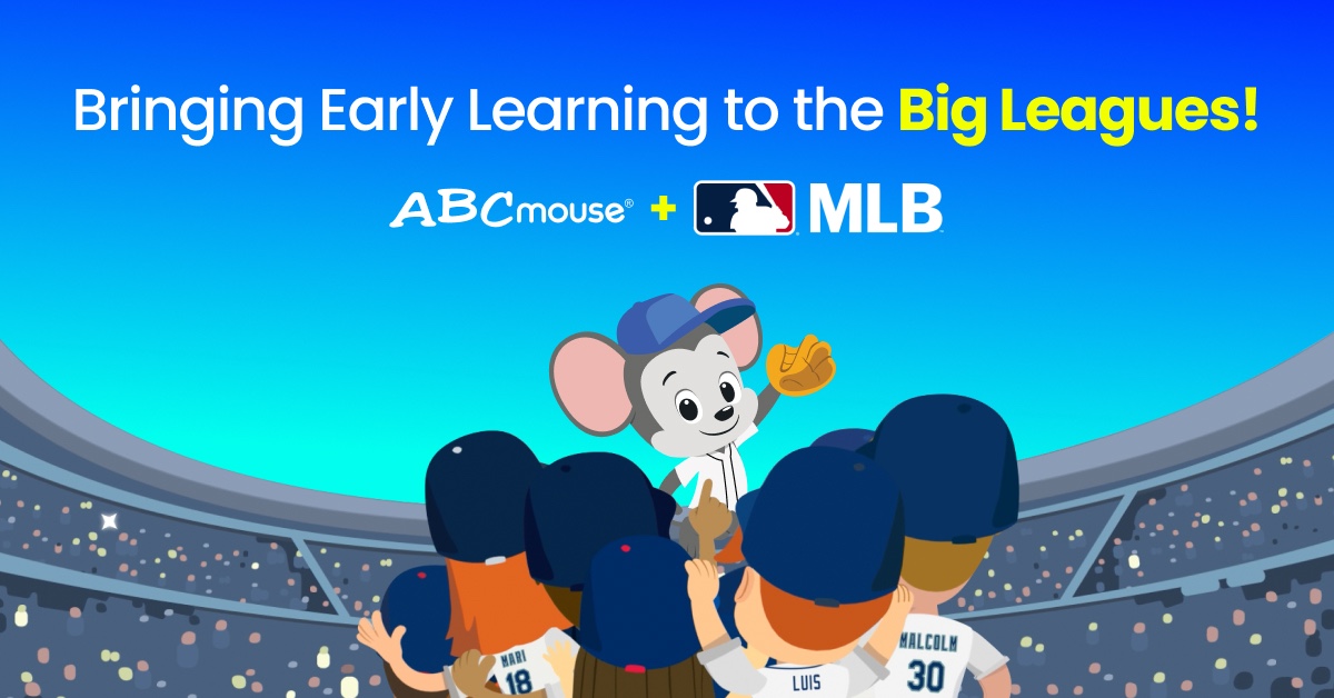Cartoon mouse mascot in a baseball stadium raises a glove while a cheering crowd watches, under the banner “Bringing Early Learning to the Big Leagues!” with ABCmouse and MLB logos.