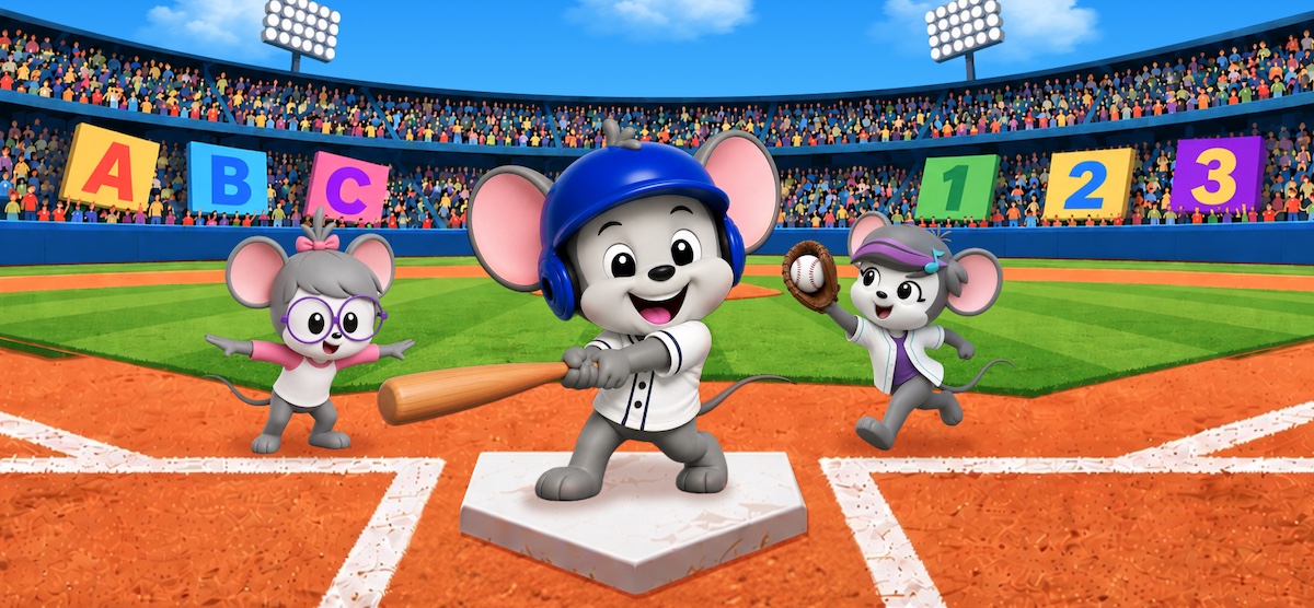 ABCmouse characters playing baseball in a stadium while practicing letters, numbers, and early learning skills through educational games.