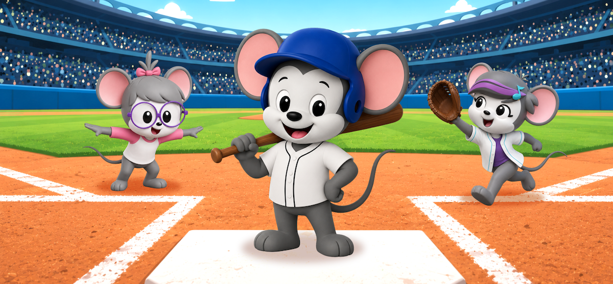Three cartoon mice on a baseball field: a center player in a blue helmet with a bat on home plate, flanked by cheering teammates.