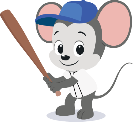 Cartoon gray mouse in a blue cap and white jersey, holding a wooden baseball bat as if about to swing.