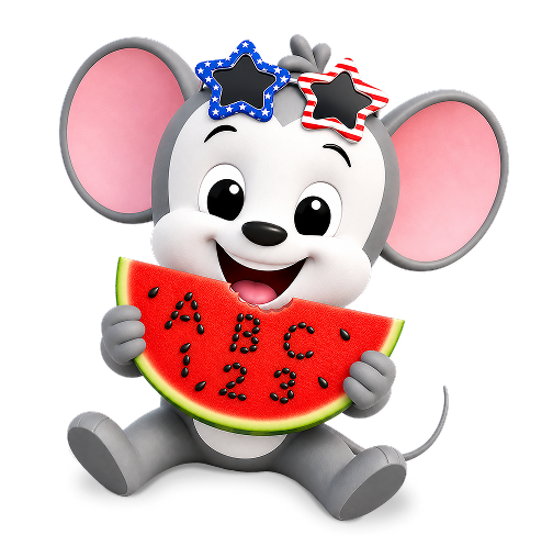 Cute gray cartoon mouse holding a slice of watermelon with numbers written on the rind, smiling and wearing star-shaped sunglasses with a patriotic pattern.