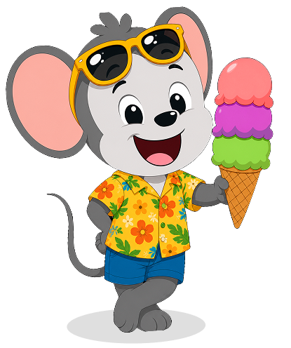 Cheerful cartoon mouse wearing yellow sunglasses, a bright tropical shirt and blue shorts, holding a three-scoop ice cream cone.