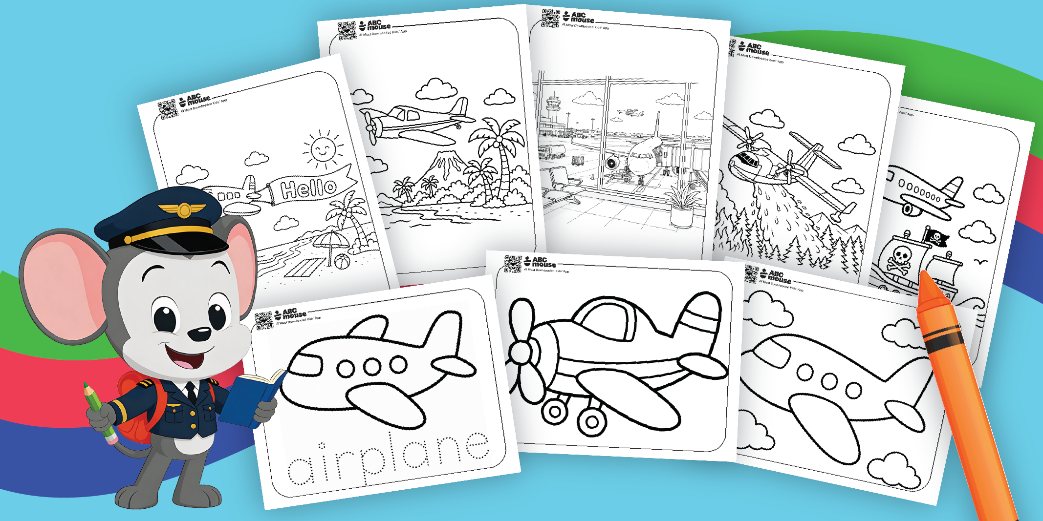 Cartoon pilot mouse holding a pencil beside a spread of black-and-white airplane coloring pages for kids, in a bright, playful banner.