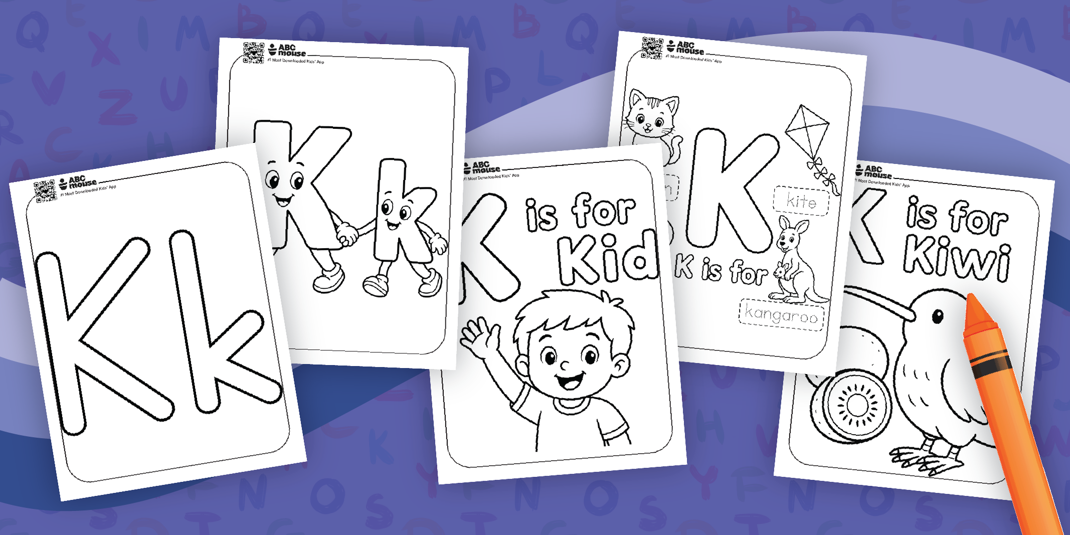 Collage of coloring pages featuring the letter K and 'K is for Kid' with drawings like a cat, kite, and kangaroo for a kids' alphabet book.