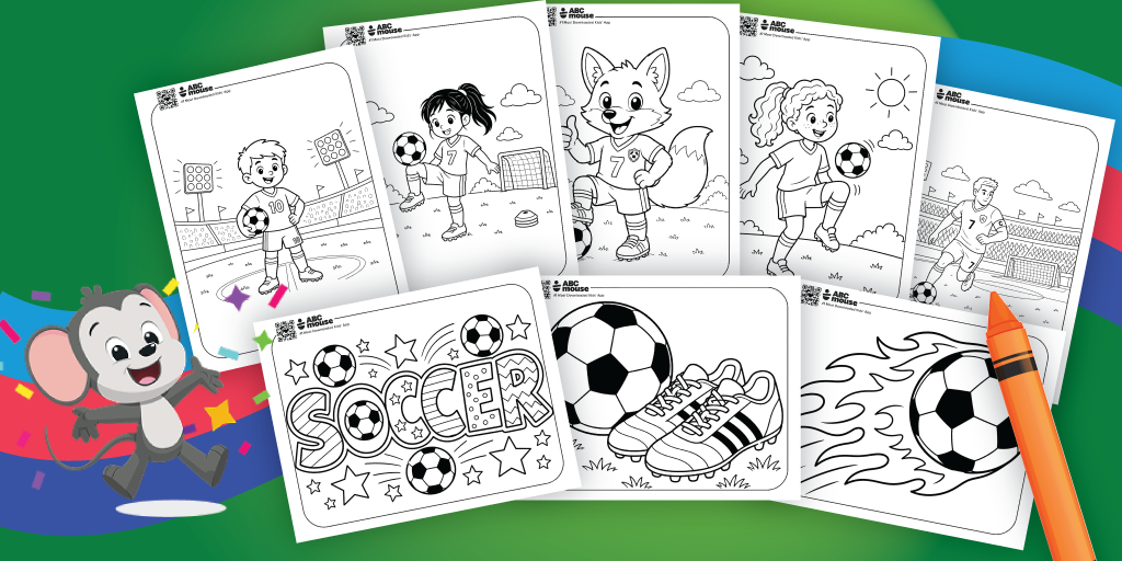 Coloring pages with soccer scenes for kids, plus a cheerful cartoon mouse on a colorful background with a pencil nearby.