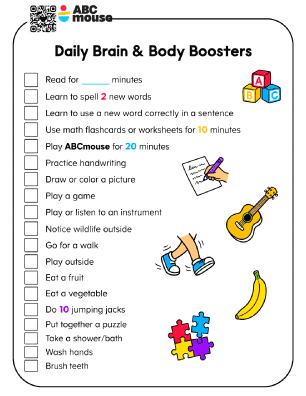 Poster titled Daily Brain & Body Boosters showing a checklist of activities with icons (reading, spelling, math flashcards, drawing, music, walking, fruit, puzzles, hygiene).