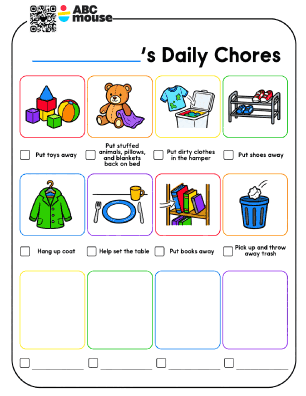 Daily chores checklist with eight illustrated tasks and checkboxes (toys away, stuffed animals to bed, dirty clothes in hamper, shoes away, hang up coat, set the table, books away, pick up trash).