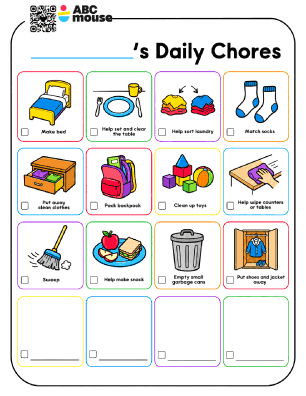 Colorful daily chores chart for kids with illustrated tasks and checkboxes, including making bed, washing dishes, sorting laundry, and chores like sweeping and cleaning up.
