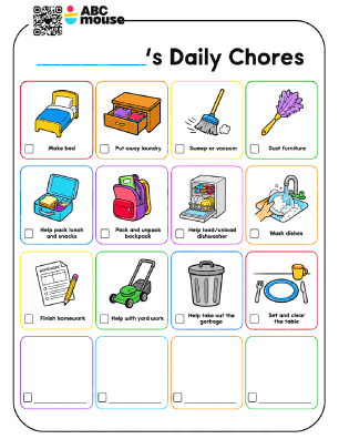 Printable kids' daily chores chart with 12 colored icons and checkboxes (make bed, laundry, sweep/vacuum, dust furniture, pack lunch, pack/unpack backpack, dishwasher, wash dishes, finish homework, yard work, garbage, set/clear the table).