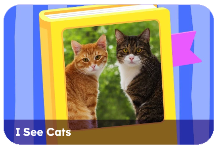 ABCmouse game book titled "I See Cats" featuring photos of two cats to help children practice sight word reading.