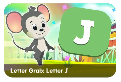 Cartoon mouse beside a large green tile with the letter J on a bright, colorful background, for a Letter J learning game banner.