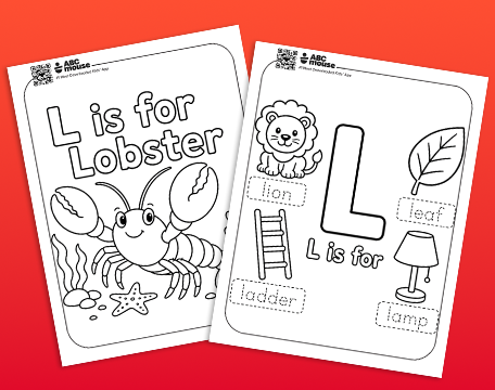 Two educational coloring pages: left page reads 'L is for Lobster' with a lobster drawing; right page shows the letter L with labeled pictures: lion, leaf, ladder, lamp.