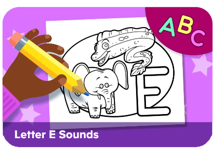 Coloring page for Letter E sounds: a cartoon elephant coloring the large 'E' with a pencil, purple background with an ABC badge.