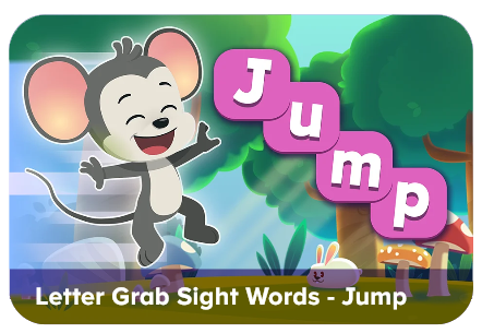 ABCmouse game where a mouse character jumps to collect letters and build the sight word "jump."