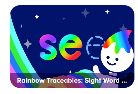 ABCmouse game featuring colorful rainbow letters and a tracing activity that helps children practice recognizing and writing sight words.