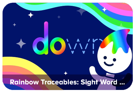 Colorful educational banner promoting Rainbow Traceables for sight words: dark blue background with rainbow waves, a smiling white character with a rainbow-painted head, and the caption 'Rainbow Traceables: Sight Word...' at the bottom.