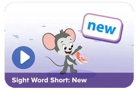 ABCmouse game featuring a mouse character learning the sight word "new" in an interactive reading activity.