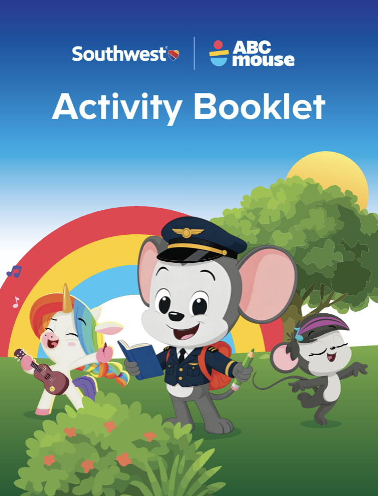 Cover image for a Southwest ABCmouse Activity Booklet featuring cheerful cartoon mice in a park with a rainbow, sun, and greenery.