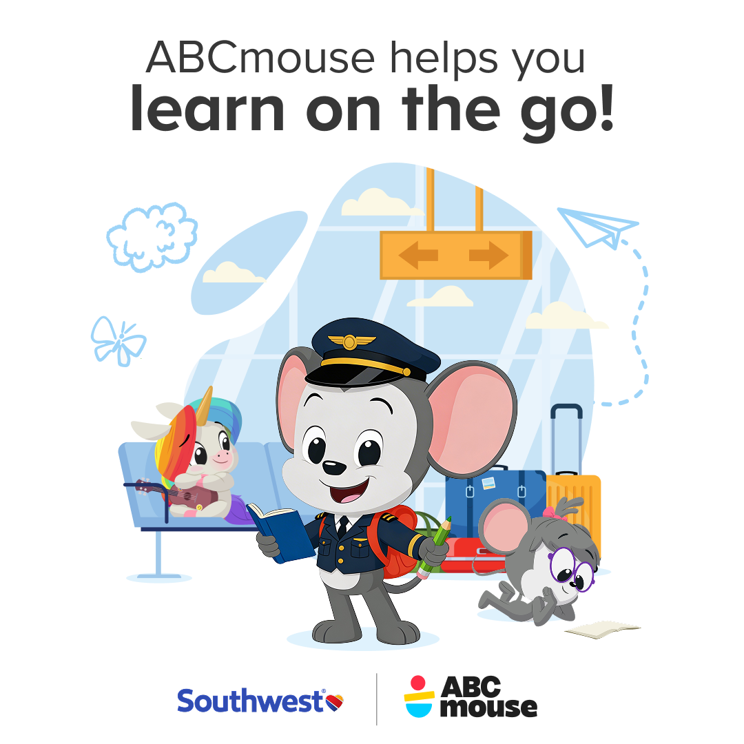 Cartoon mouse in pilot uniform with backpack and a book at an airport, passengers and luggage in the background, promoting learning on the go.