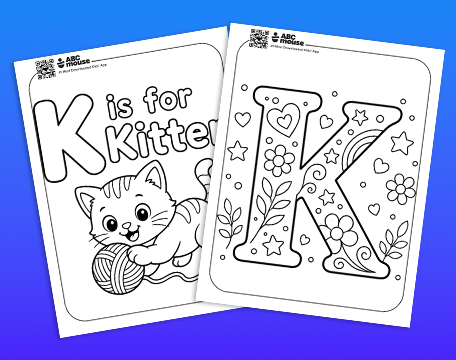 Two ABC coloring pages featuring the letter K: left page shows a kitten with a ball of yarn and the words 'K is for Kitten'; right page displays a decorative, floral-filled letter K.