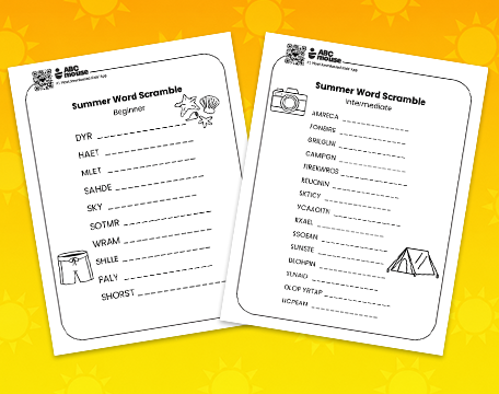 Two white 'Summer Word Scramble' worksheets (Beginner and Intermediate) with scrambled words on a bright yellow sun-patterned background.