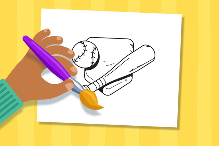 Digital Coloring & Art Activities: Child coloring a baseball, bat, and glove in an ABCmouse digital art activity.