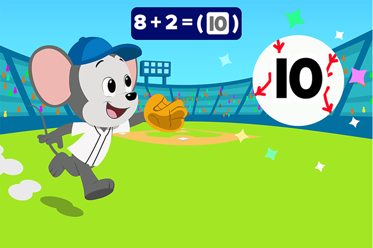 Addition Skills: ABCmouse baseball-themed math game teaching addition by solving 8 + 2 = 10.