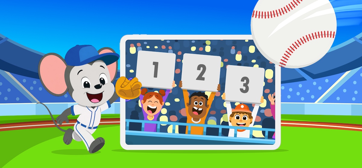 ABCmouse baseball-themed learning game helping children practice number recognition with numbers 1, 2, and 3 in a stadium setting.