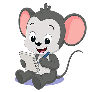 Cute cartoon mouse sitting and writing in a spiral notebook with a blue pen in its paw/hand.