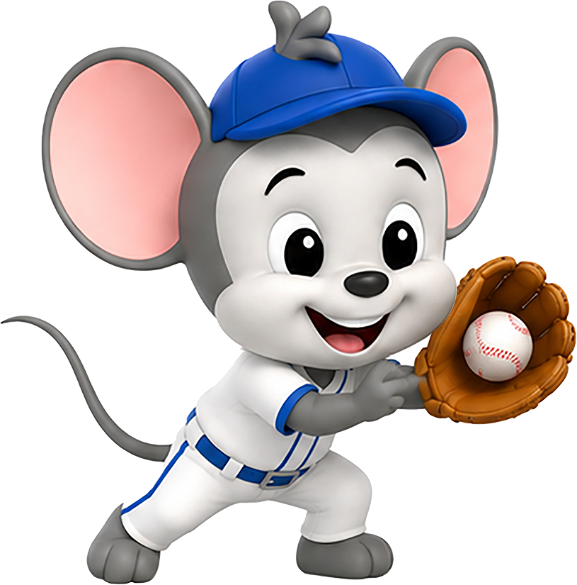 ABCmouse mascot dressed as a baseball player catching a ball with a glove during a fun educational sports-themed activity.