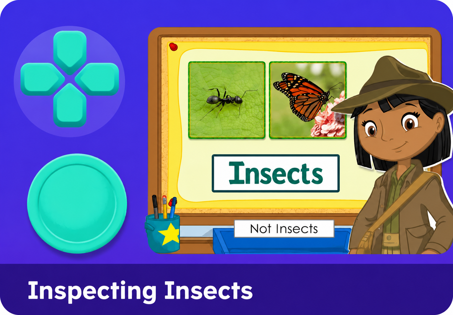 Young girl in a ranger hat stands beside a classroom chart titled Insects, showing ant and butterfly photos with a Not Insects label on a purple background.