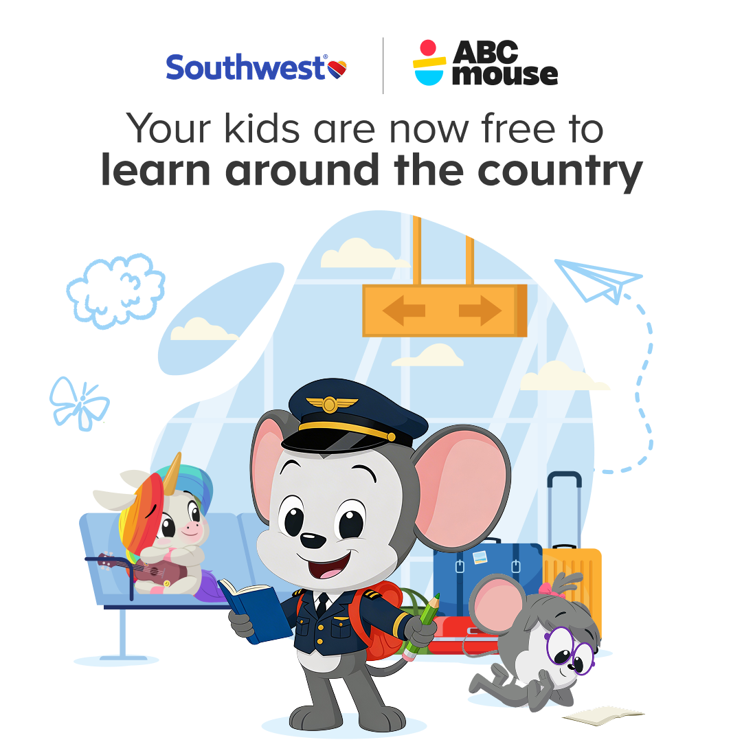 Cartoon mouse in pilot uniform at an airport with luggage, reading a book while a smaller mouse sits with colorful suitcases nearby—promoting travel learning.