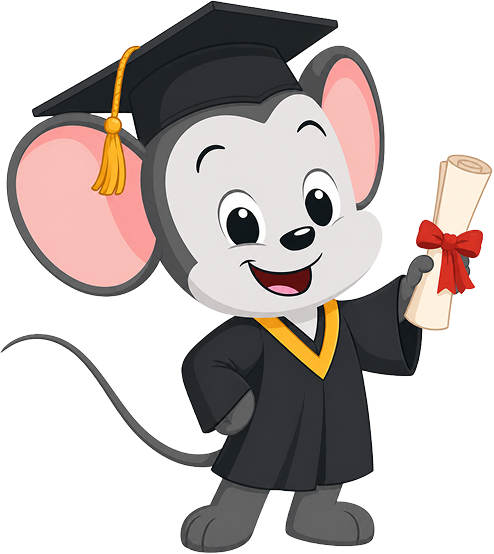 Cartoon mouse wearing a graduation cap and gown, holding a diploma tied with a red ribbon.