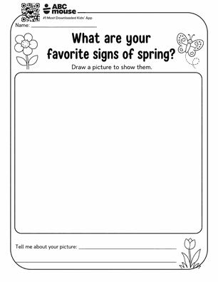 Worksheet titled 'What are your favorite signs of spring?' with a large blank drawing area for kids to fill in and decorate.