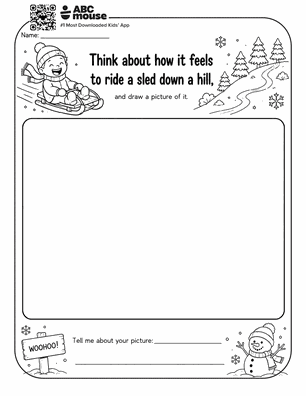 Child on a sled sliding down a snowy hill; large blank drawing area below and a prompt to describe your picture.