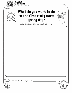 Kids drawing page: draw what you’ll do on the first warm spring day; large blank area to draw with decorative sun, butterfly, and flowers nearby.