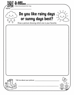 Worksheet prompting children to draw their preferred weather: rainy vs sunny, with a blank drawing box and lines to describe it.