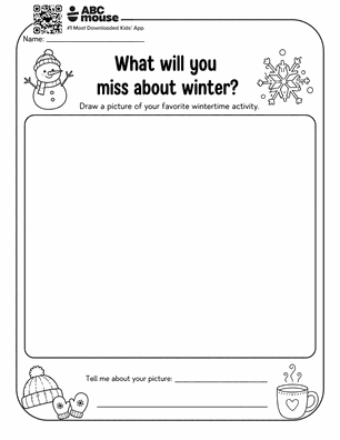 Winter activity worksheet for kids: draw your favorite wintertime activity in the large box and describe it below.