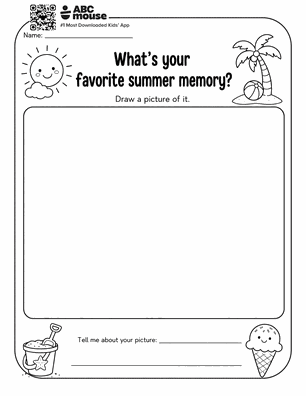 Worksheet prompt: 'What’s your favorite summer memory?' with a large central drawing box to fill in; sun, palm tree, and summer icons around the border; caption line at the bottom for describing the picture.