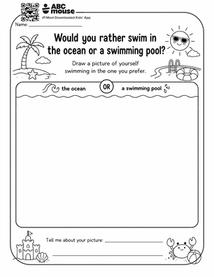 Educational worksheet asking students to choose between swimming in the ocean or a swimming pool, with a large drawing area and seaside decorations.
